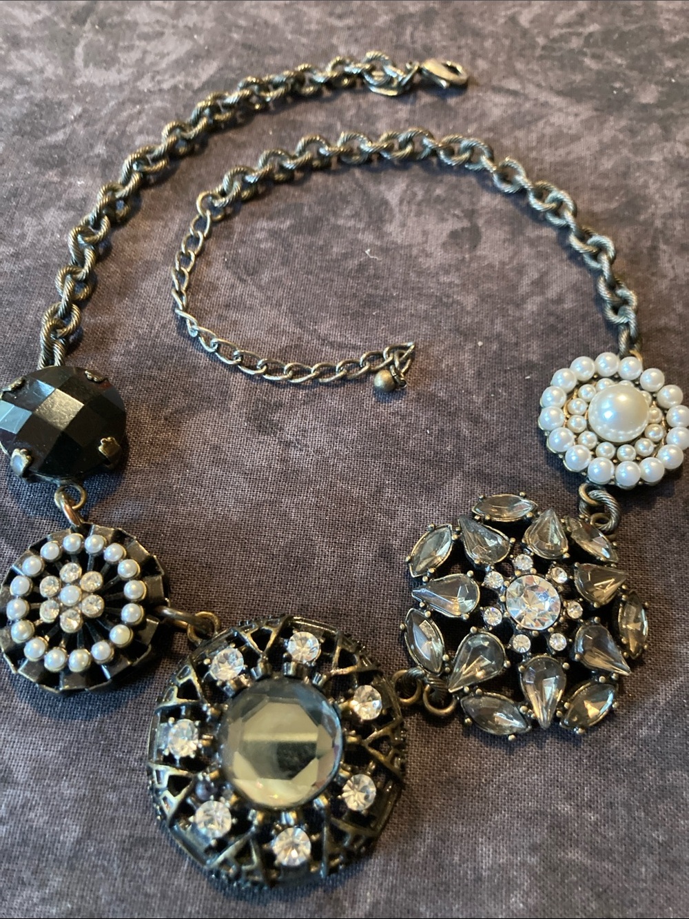 Antique-Inspired Black & Clear Faceted Pendant Statement Necklace